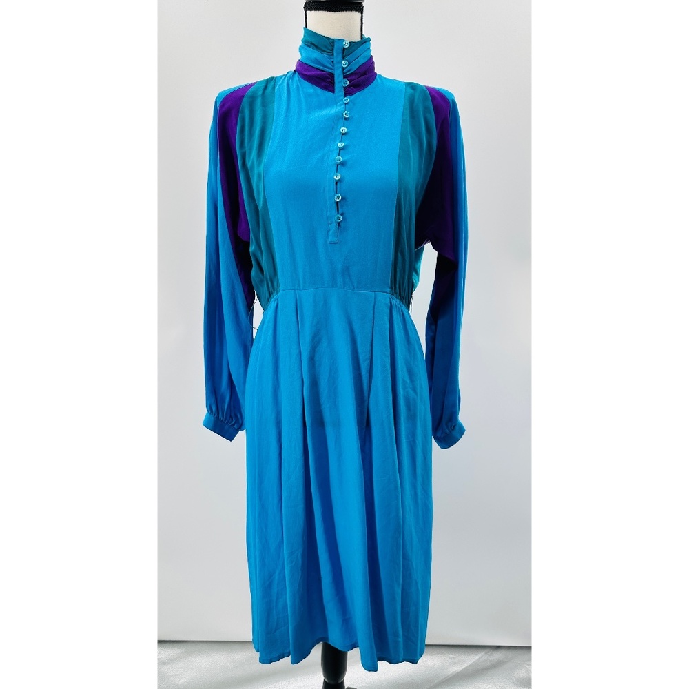 Pat Argentina LTD Vintage 80's Blue/Purple Colorblock‎ Silk Empress  Neck Dress